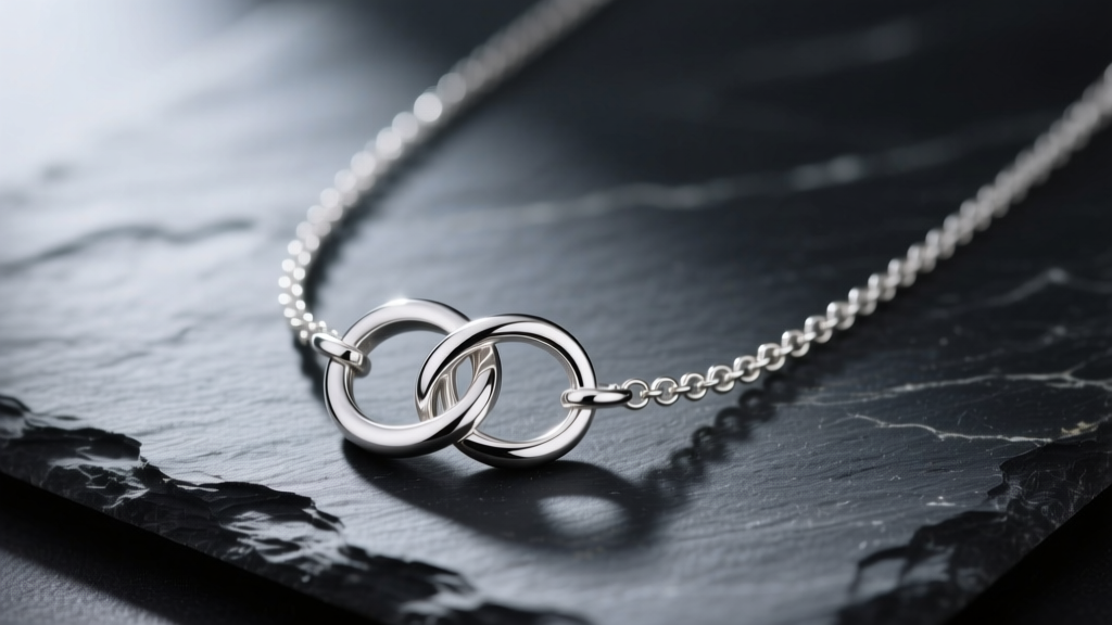 Close-up of a sterling silver interlocking circle of life necklace resting on dark slate, illuminated by soft directional lighting