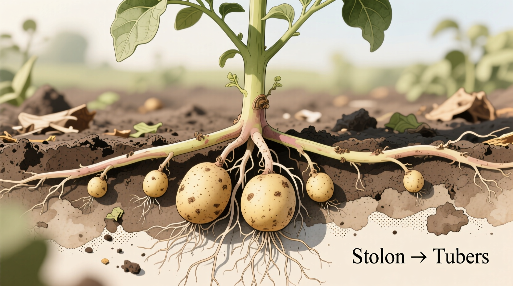 Potato plant showing tubers growing from stolons