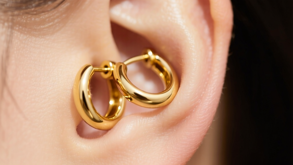 Close-up of 14k yellow gold double huggie earrings on an earlobe, highlighting the seamless clicker hinge and high-polish finish.