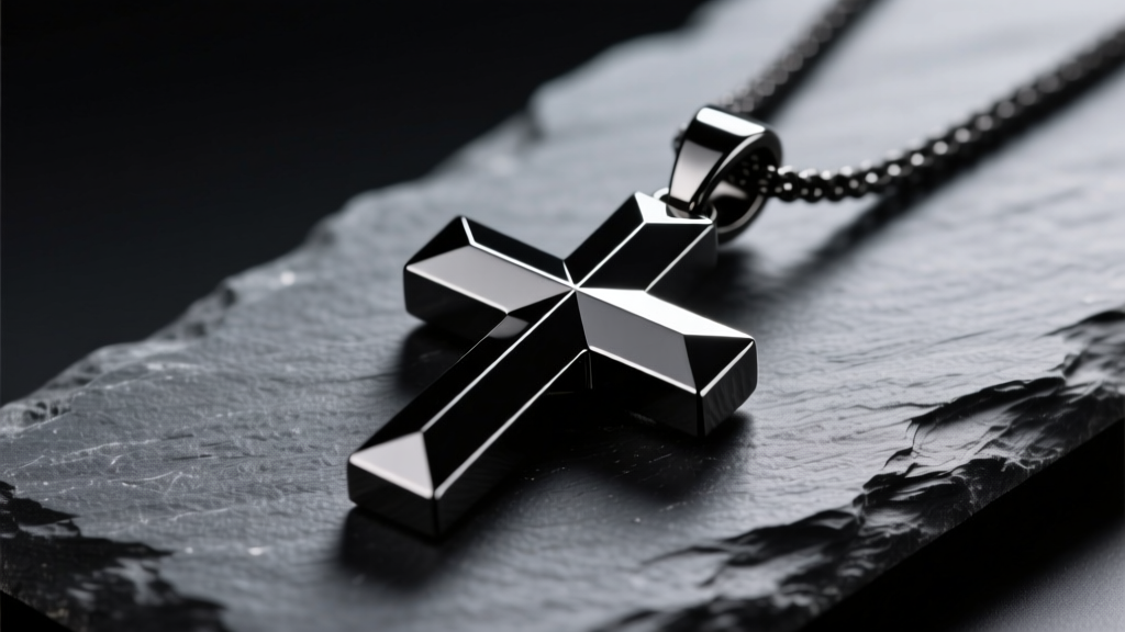 Black tungsten carbide cross pendant on dark slate, reflecting soft studio light with sharp CNC-milled edges and polished bevels.