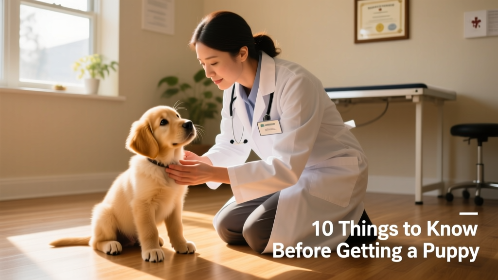 A veterinarian kneeling beside a curious 8-week-old puppy during a wellness checkup