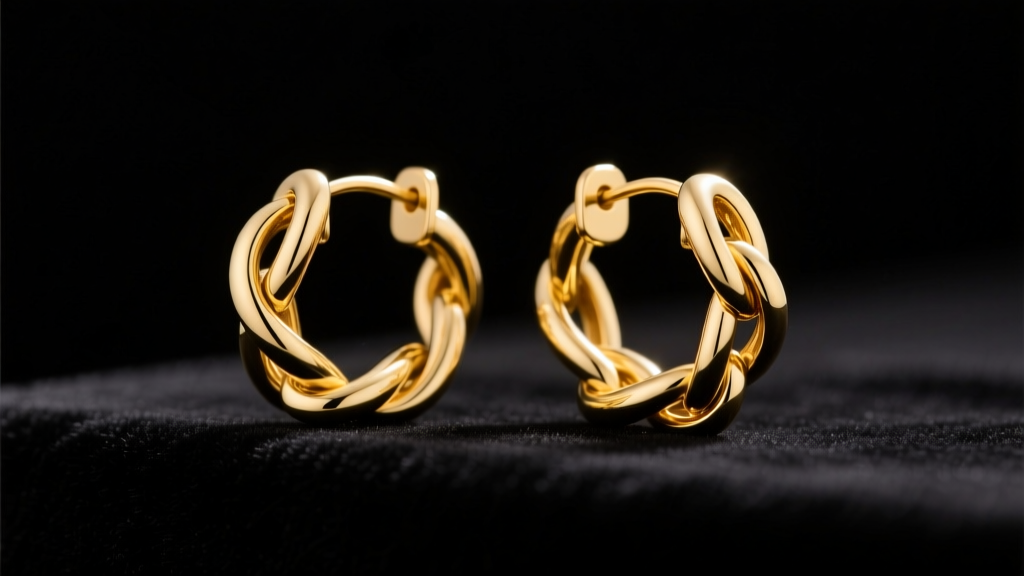 Close-up of 18k yellow gold interlocking hoop earrings on dark velvet, soft studio lighting highlighting the polished metal links