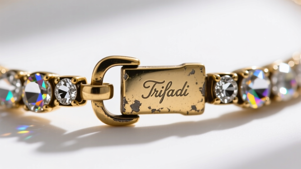 Macro shot of a vintage rhinestone necklace clasp showing a worn fold-over mechanism and faded Trifari mark on the reverse