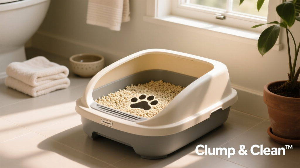 A clean, well-maintained litter box with fresh clumping litter
