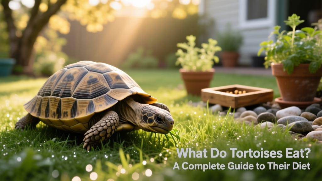 a tortoise eating fresh grass outside in the sun
