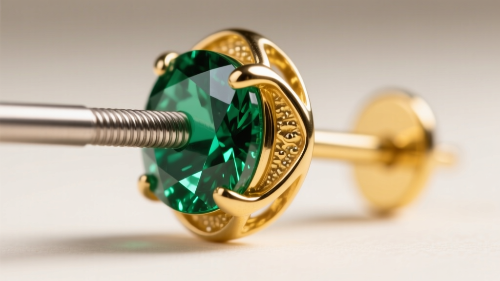 Macro shot of a 16-gauge threadless titanium post inserting into a 14k yellow gold Beau Jewels raw emerald decorative earring end