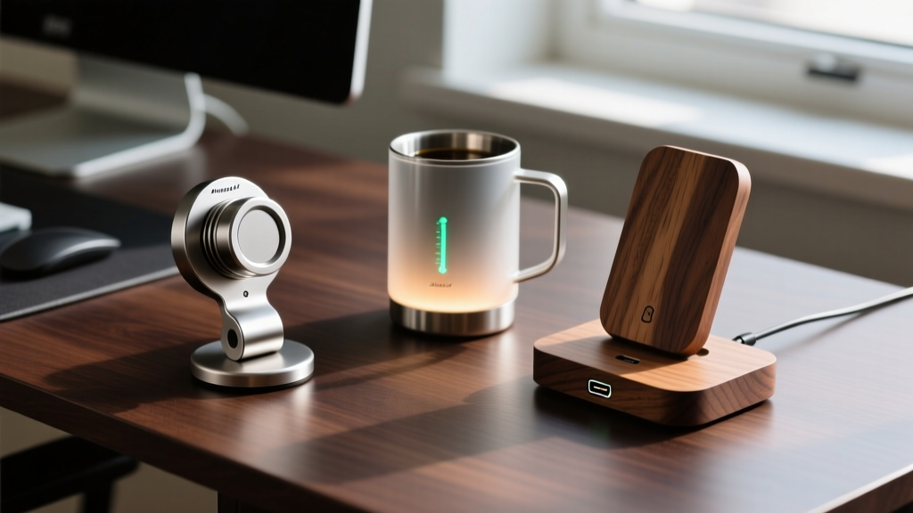 A curated flat-lay of unique mens xmas gadgets including a magnetic camera grip, smart camp mug, and walnut charging stand on a dark oak desk