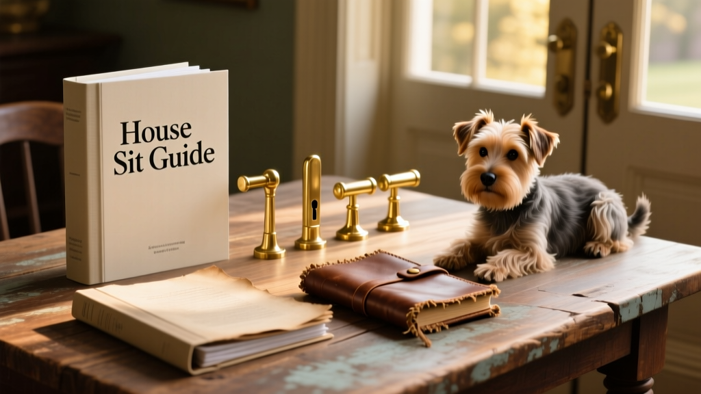 A neatly organized binder labeled 'House Sit Guide' next to keys, a vintage-style notebook, and a set of brass door handles on a wooden table