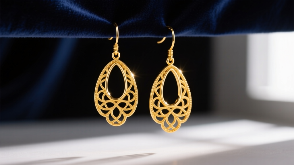 Macro photography of intricate 14k yellow gold filigree drop earrings catching soft natural light against a dark velvet background