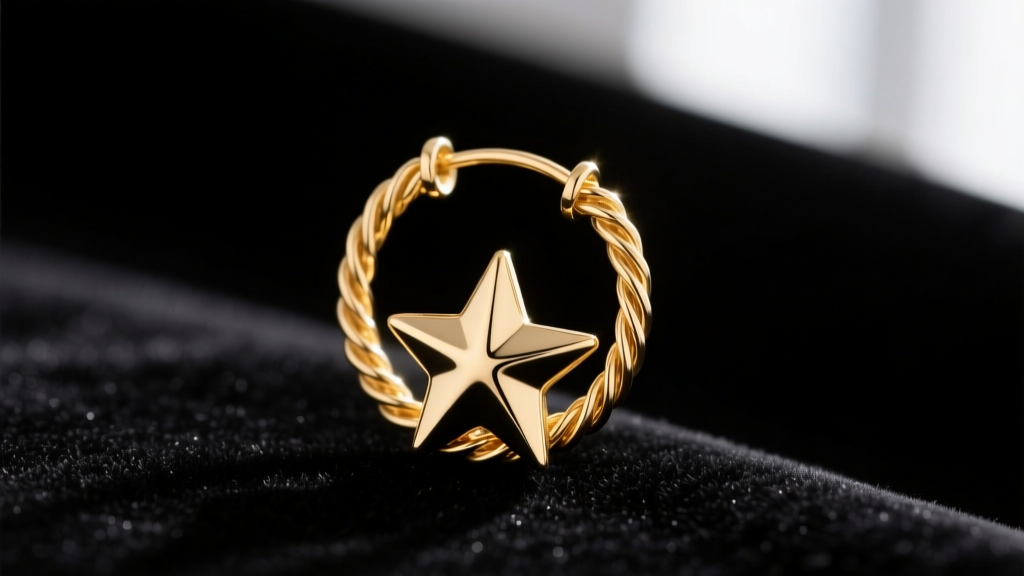 Macro shot of a 14k gold-filled star hoop earring on black velvet, showing the 18-gauge wire and polished five-point star charm.