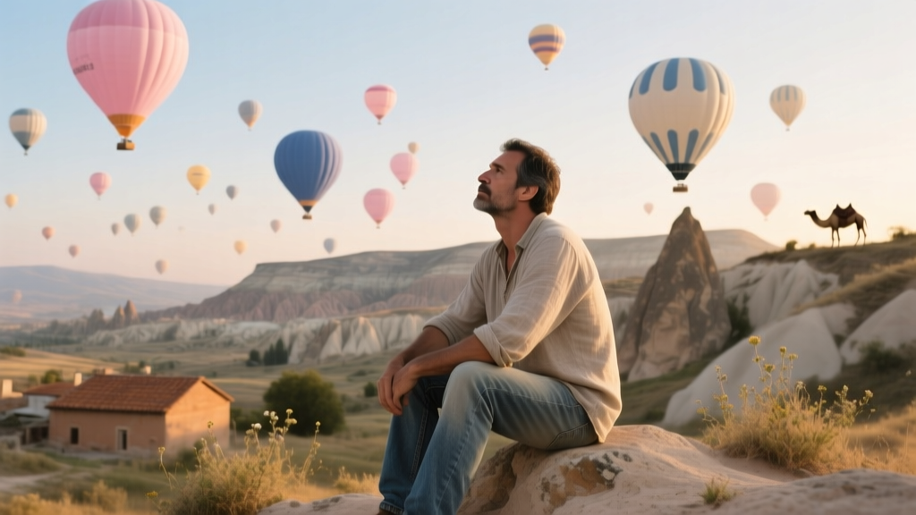 Scott Dinsmore sitting on a rock in Turkey as hot air balloons fill the sky