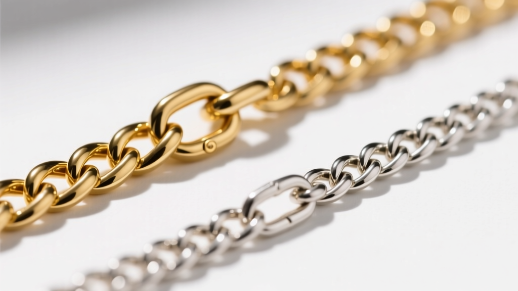 Side-by-side macro shot of a 4mm gold vermeil Cuban chain and a 3mm silver Figaro chain, highlighting the clasp and link details.