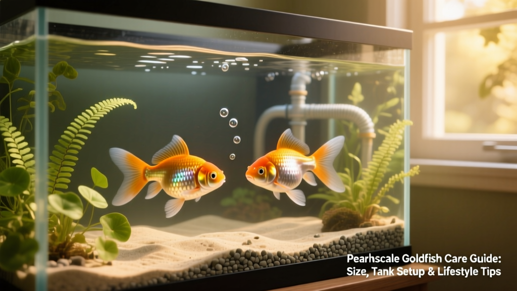 Well-planted 40-gallon aquarium with two Pearlscale goldfish gliding peacefully near smooth substrate and gentle filtration