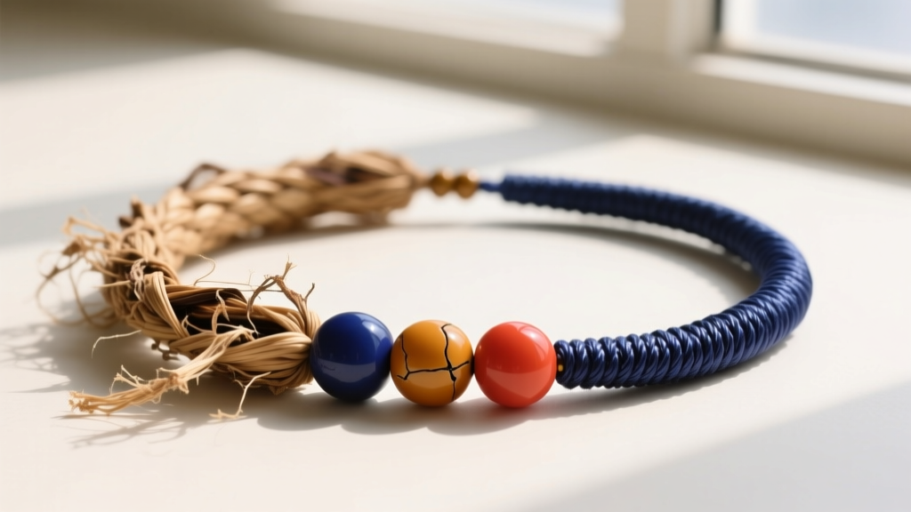 Macro comparison of natural raffia fiber degradation versus modern synthetic nylon stringing in vintage African trade bead jewelry