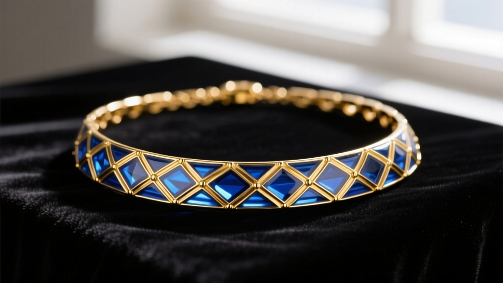 Close-up of an 18k yellow gold necklace with vibrant guilloché enamel in translucent sapphire blue, resting on dark velvet.