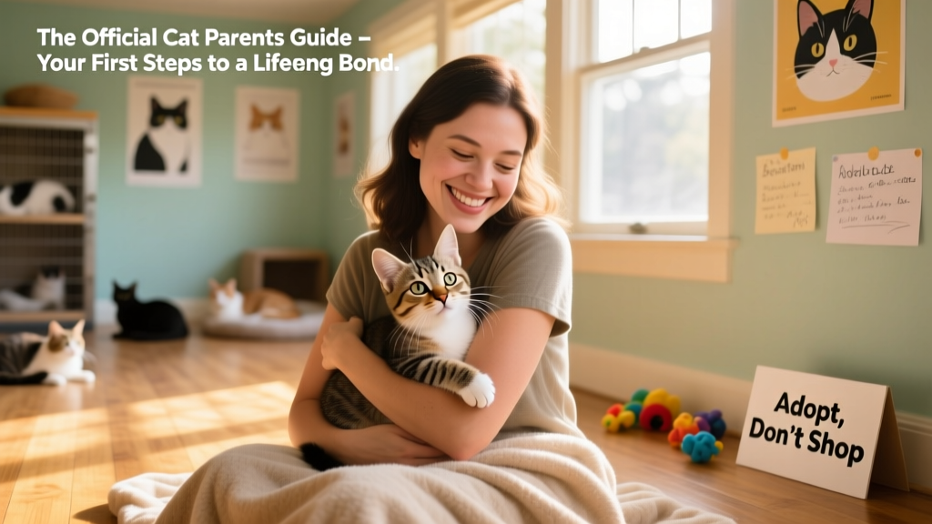 A joyful person gently holding a calm, curious kitten in a sunlit shelter room
