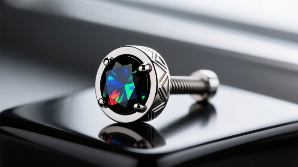 Macro photography of an 18-gauge ASTM F136 implant-grade titanium threaded labret stud with a bezel-set black opal gemstone