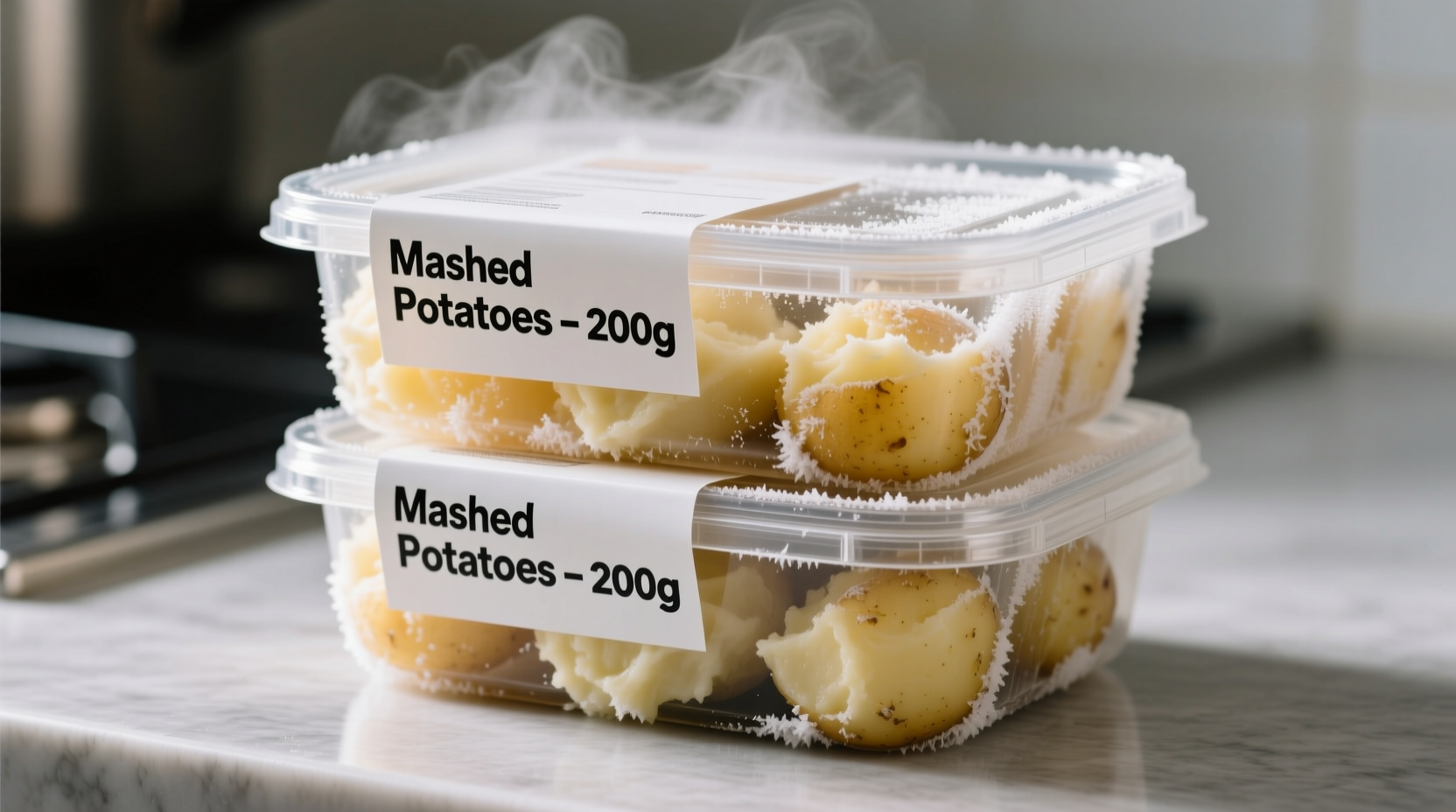 Portioned mashed potatoes in freezer containers with labels