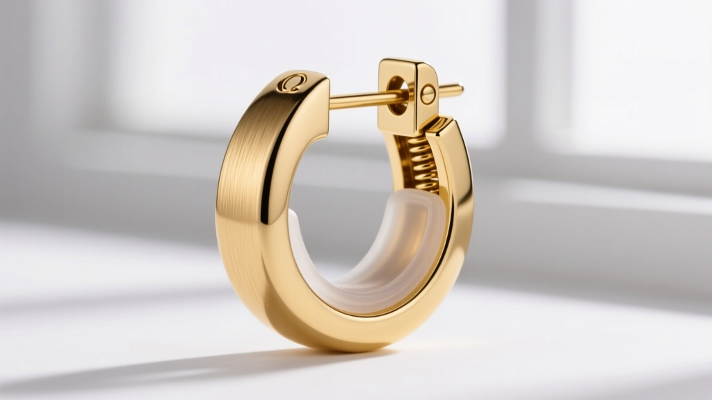 Side profile of an 18k gold omega back earring with a clear silicone comfort pad, demonstrating the hinged clamping tension
