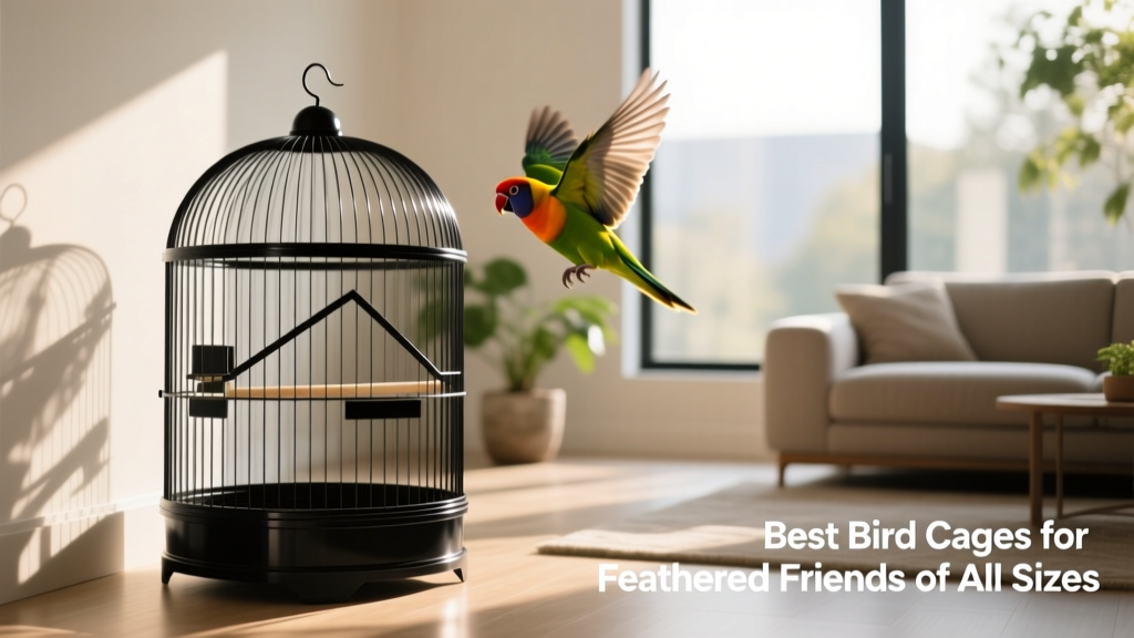 An elegant black flight cage positioned in a sunlit corner of a modern living room, with a lovebird mid-flight