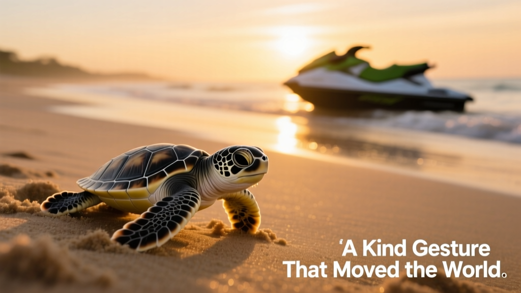 Close-up of a baby sea turtle emerging from sandy beach at sunrise, heading toward the ocean