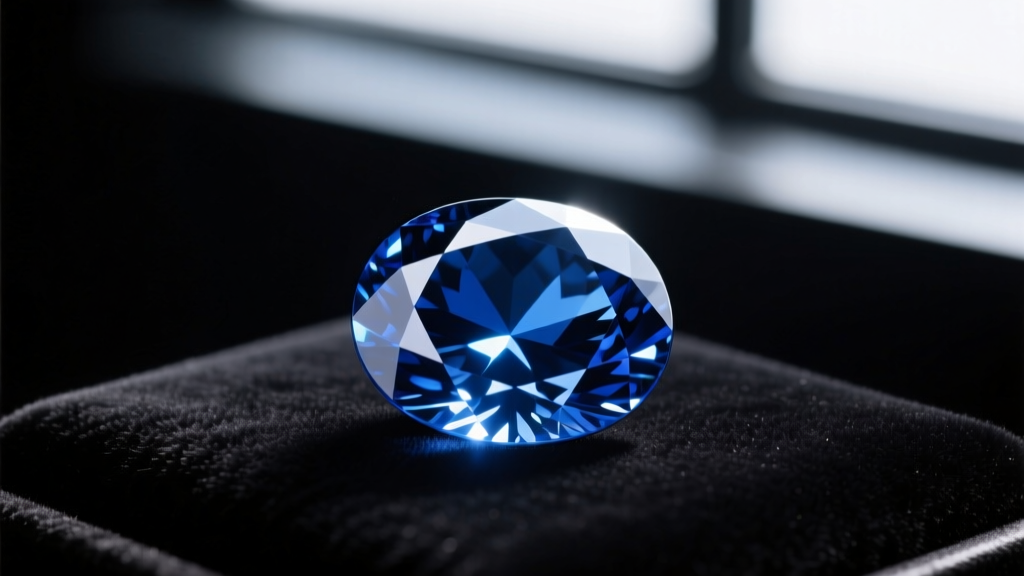 Macro shot of a faceted oval blue sapphire on dark velvet, highlighting deep color saturation and brilliant light reflections.