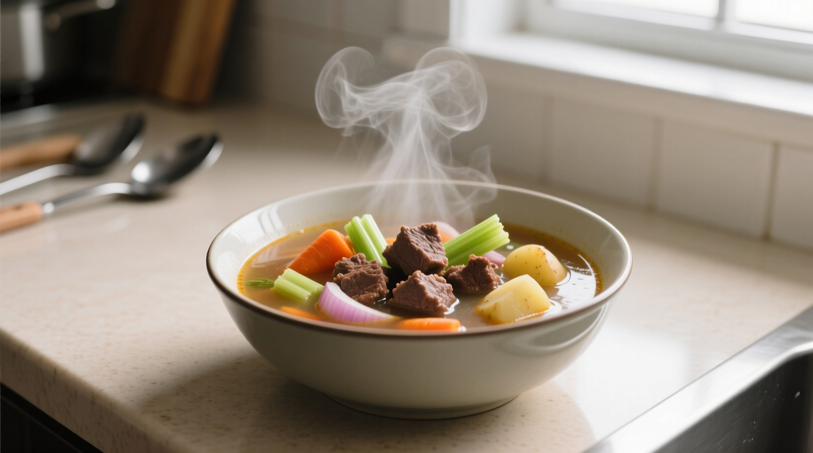 Tuesday night vegetable beef soup using ground beef instead of stew meat in a ceramic bowl, showing practical home cooking for busy parents with visible carrots and celery pieces