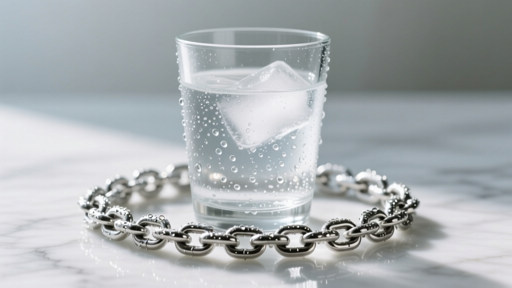 A clear glass of ice water with a thick sterling silver chain submerged, showing condensation forming rapidly on the metal links