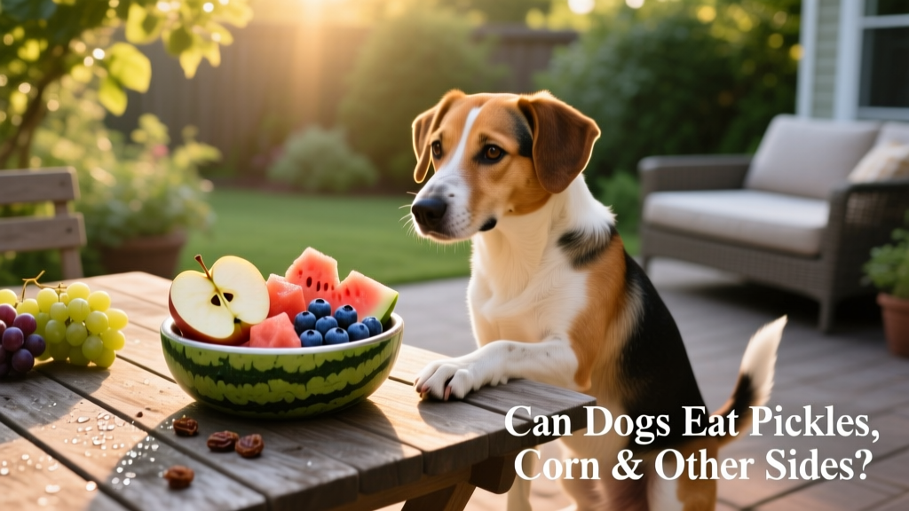 Dog-friendly fruit bowl with apple slices, watermelon cubes, and blueberries—no grapes or raisins—on a patio table