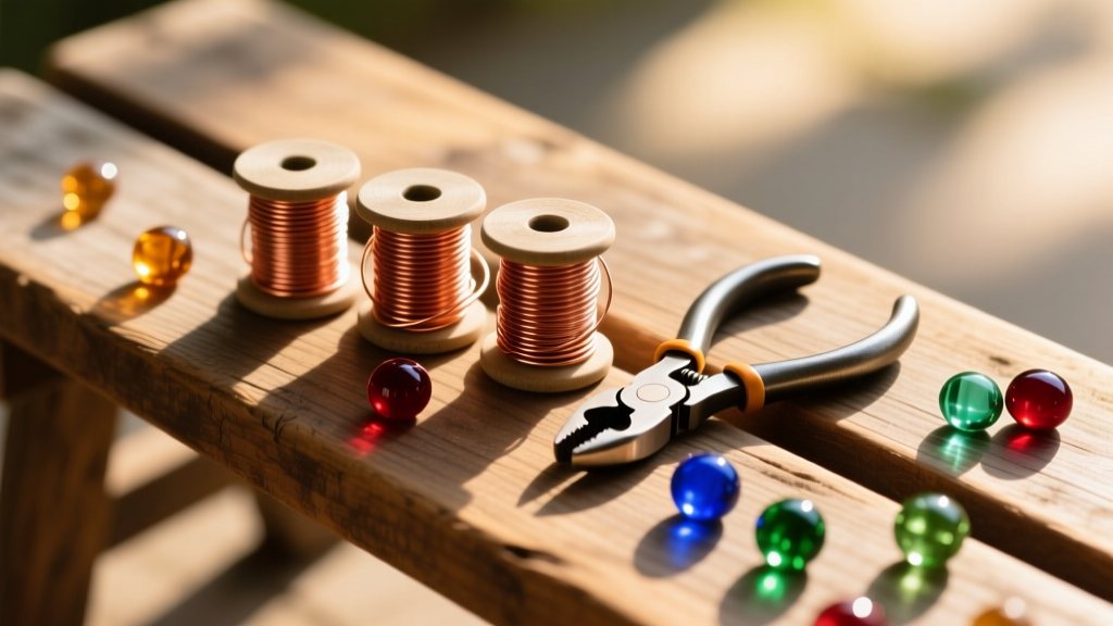 Top-down view of a wooden bench with 20-gauge copper wire spools, round nose pliers, and vibrant glass beads in warm sunlight.