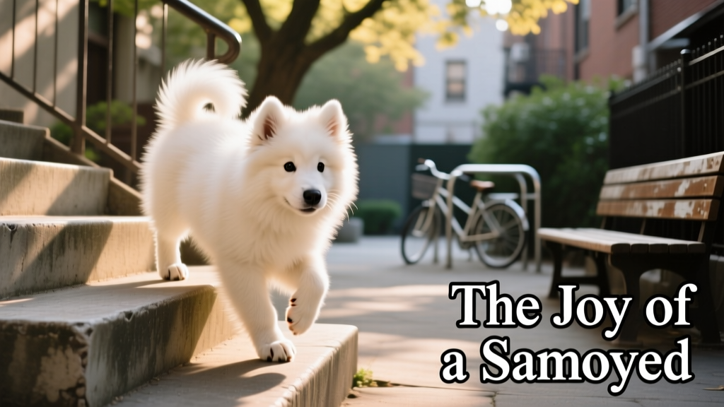 Samoyed pup descends concrete staircase