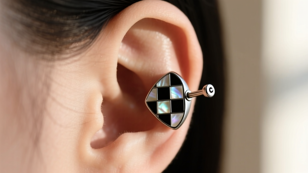Side view of 16g titanium studs with micro-checkered onyx and shell inlay placed in a healed upper helix cartilage piercing.