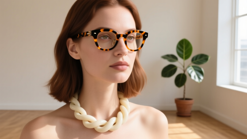 Woman wearing tortoiseshell reading glasses attached to a chunky cream acetate necklace glasses holder, bright natural sunlight