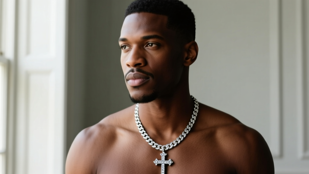 Man wearing a silver Cuban chain and diamond cross pendant below the collarbone, lit by soft, diffused natural window light