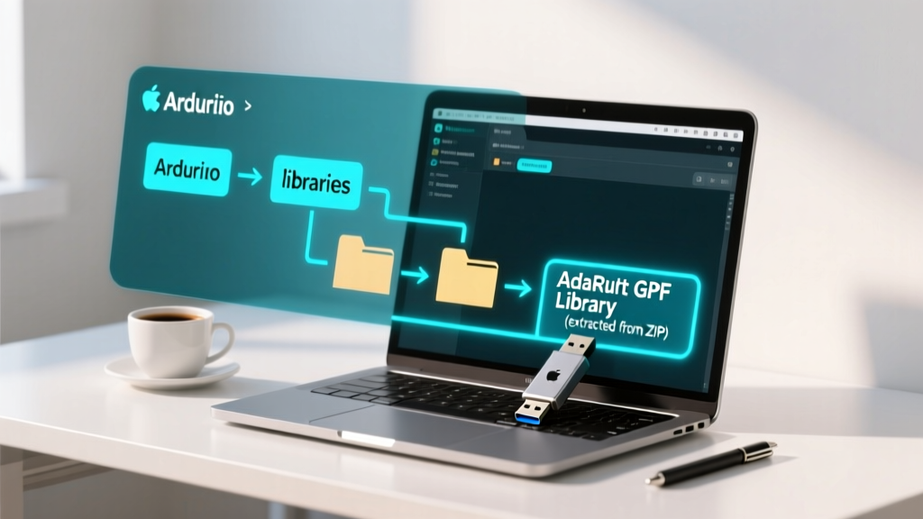 Visual diagram showing the correct file path structure for manually installing the Adafruit GFX Library ZIP file into the Arduino libraries folder