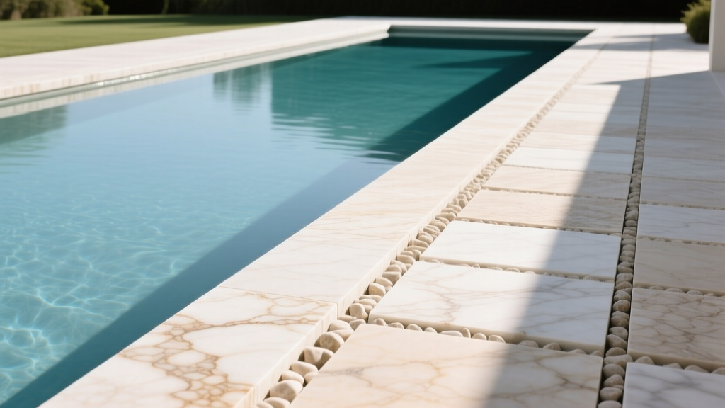 Tumbled travertine pavers bordering a pool, highlighting natural stone textures and slip-resistant surfaces under bright sunlight