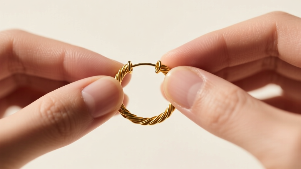 Hands twisting a continuous gold hoop earring laterally to open it, showing proper technique to avoid warping the metal wire
