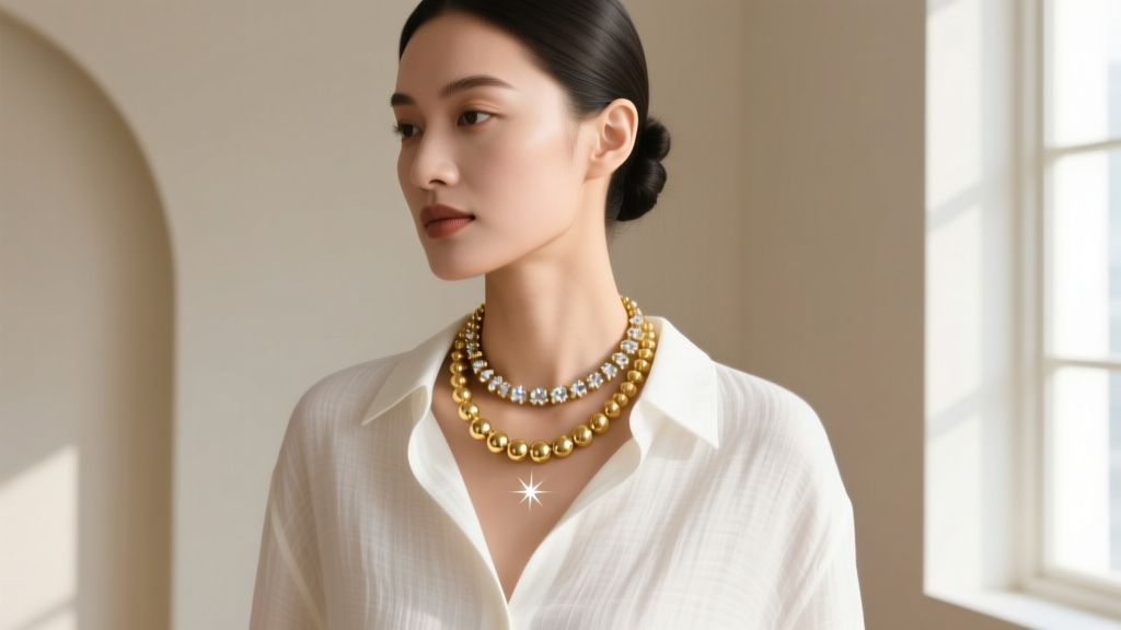 A woman wearing a layered 2mm diamond-cut gold bead necklace and a 6mm matte gold bead necklace over a crisp white linen shirt