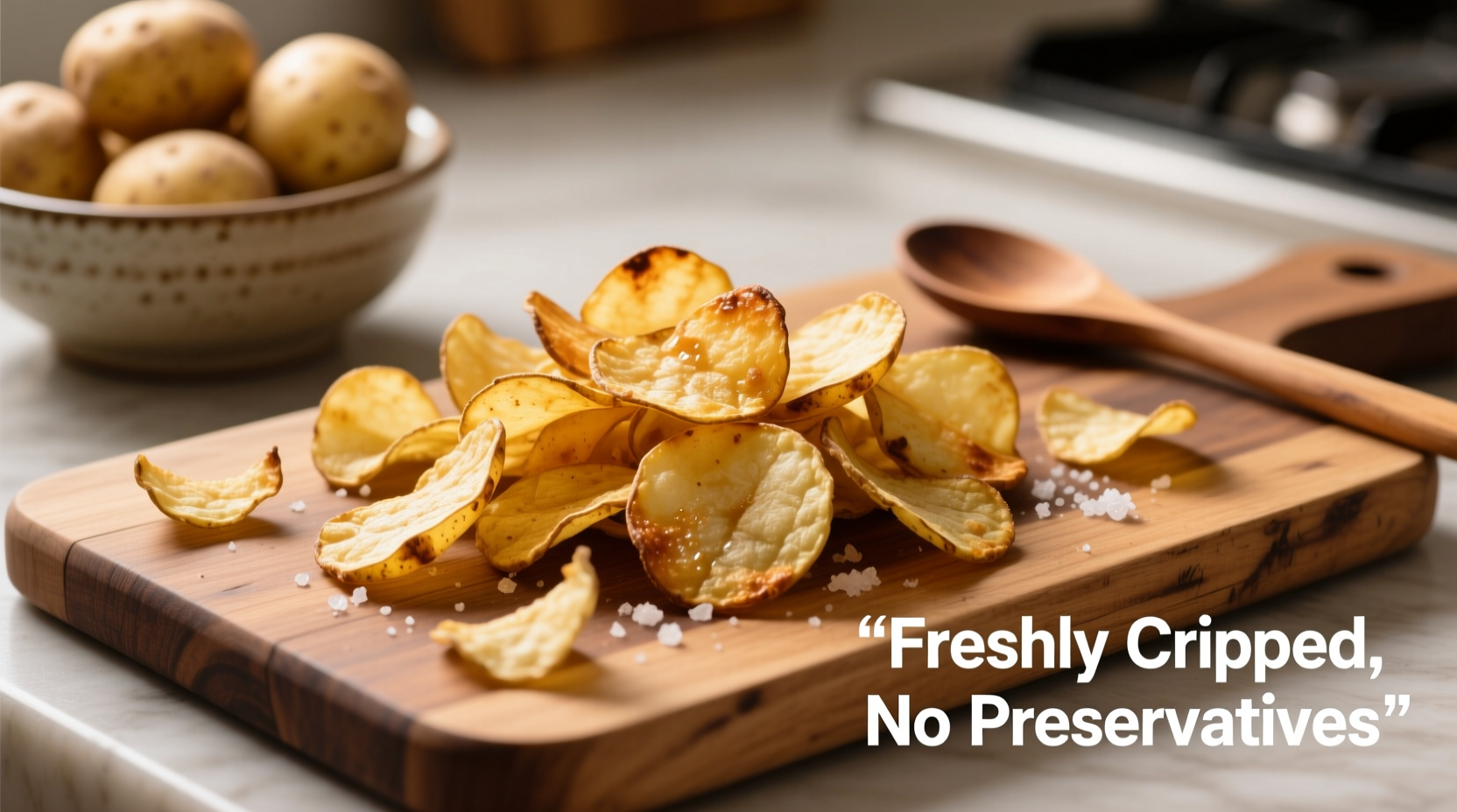 Knusprige Kartoffelschalen auf Holzbrett serviert