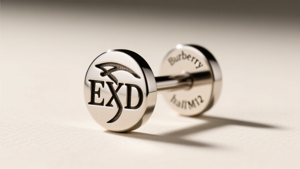 20-gauge surgical steel post on a Burberry EKD motif stud, showing the friction back and stamped hallmarks in sharp macro focus.
