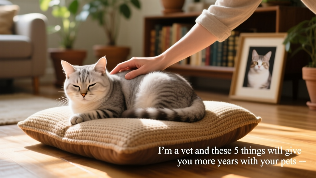 A gentle hand stroking the back of a relaxed senior cat curled on a cozy cushion