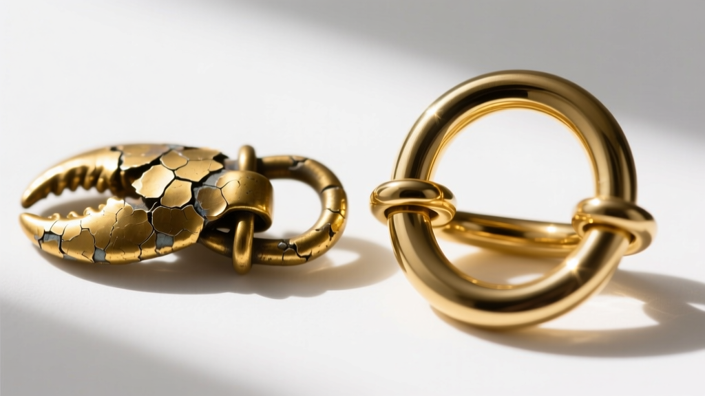 Macro shot comparing a flaking gold-plated brass lobster clasp next to a polished, heavy-duty 14k gold-filled spring ring clasp