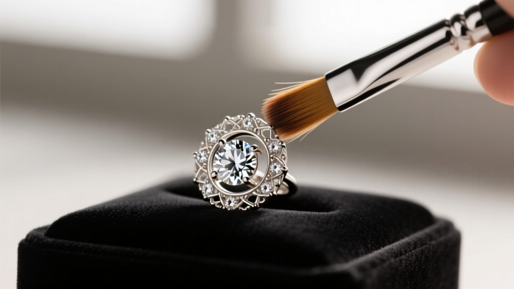 Jeweler using a soft-bristled brush and mild surfactant solution to gently clean a delicate 14k white gold LCI halo earring.