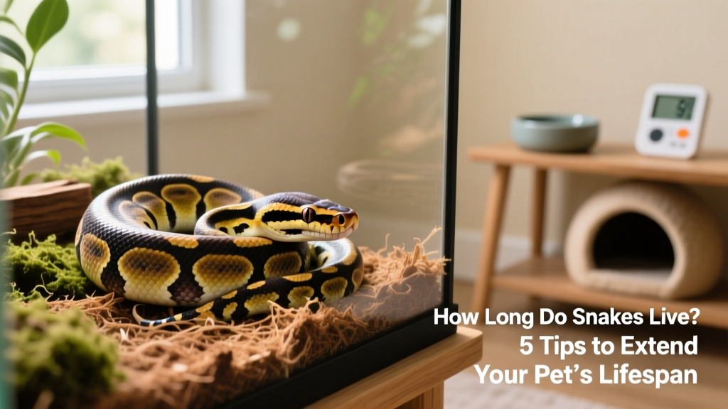 Close-up of a calm, healthy ball python coiled on naturalistic substrate in a well-appointed enclosure