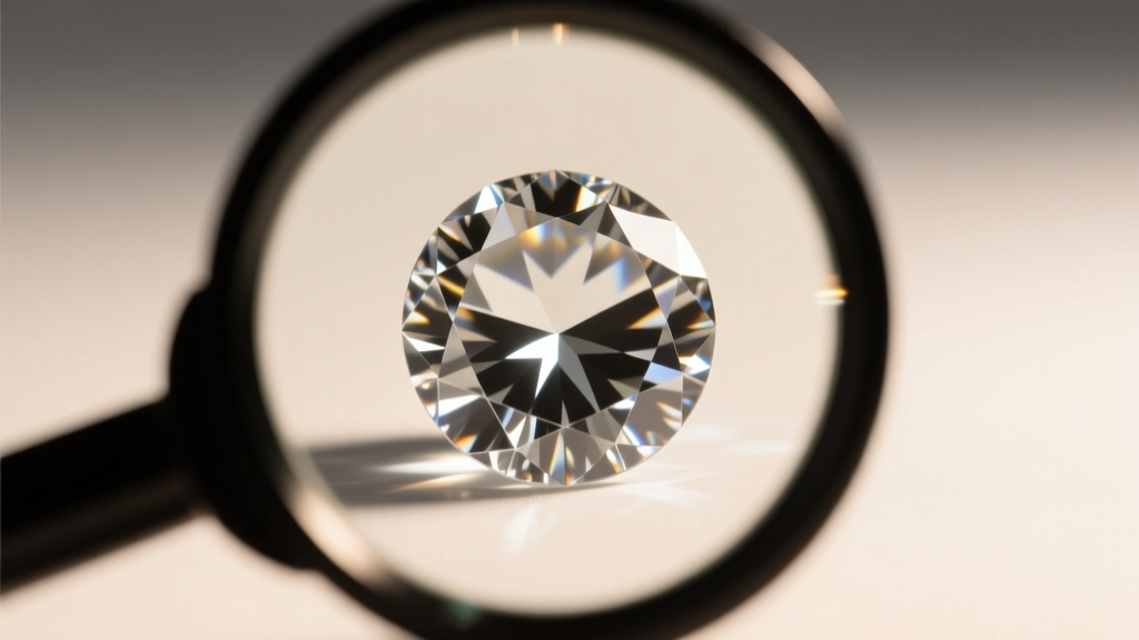 Macro shot of a loupe examining a brilliant lab-grown diamond, showing crisp facet junctions under bright, warm studio lighting.