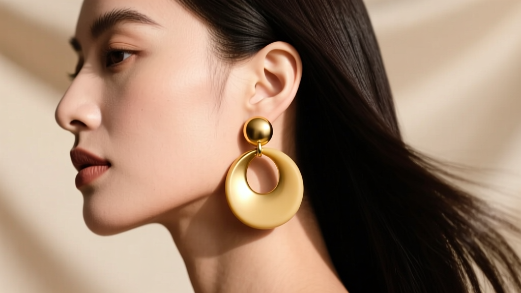 Side profile of a woman wearing a heavy gold drop earring with a large silicone disc backing supporting the weight on her earlobe.