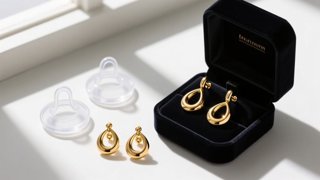 Heavy gold drop earrings beside clear silicone earring lifters and a dark velvet box, top-down view, bright natural window light.