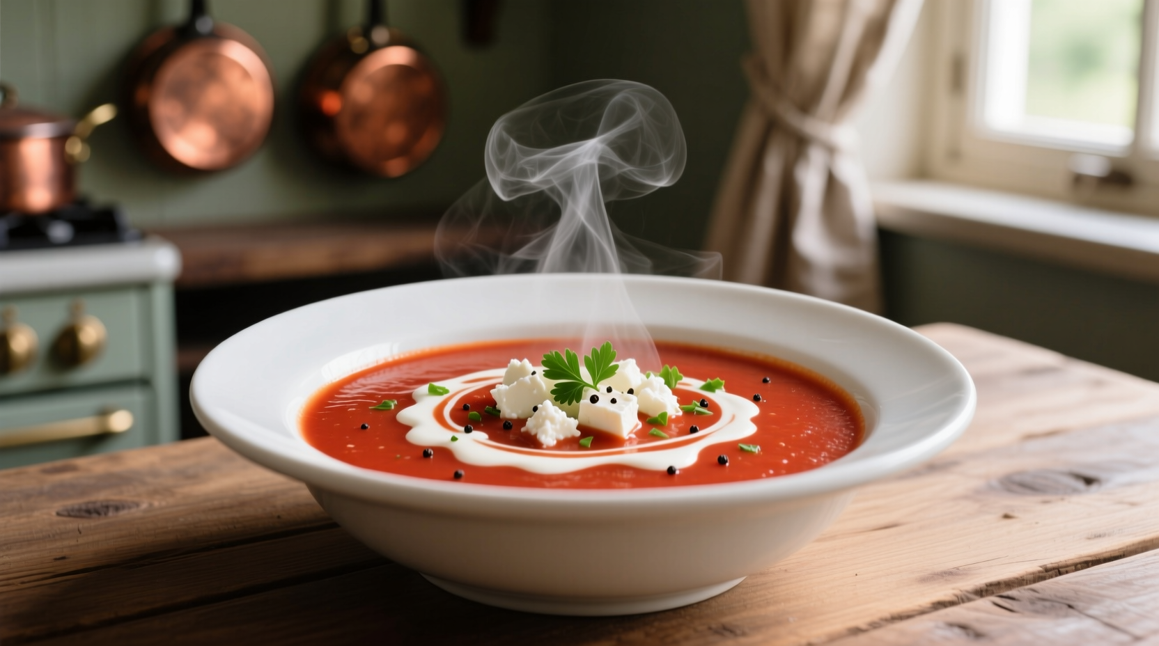 Creamy tomato feta soup in white bowl