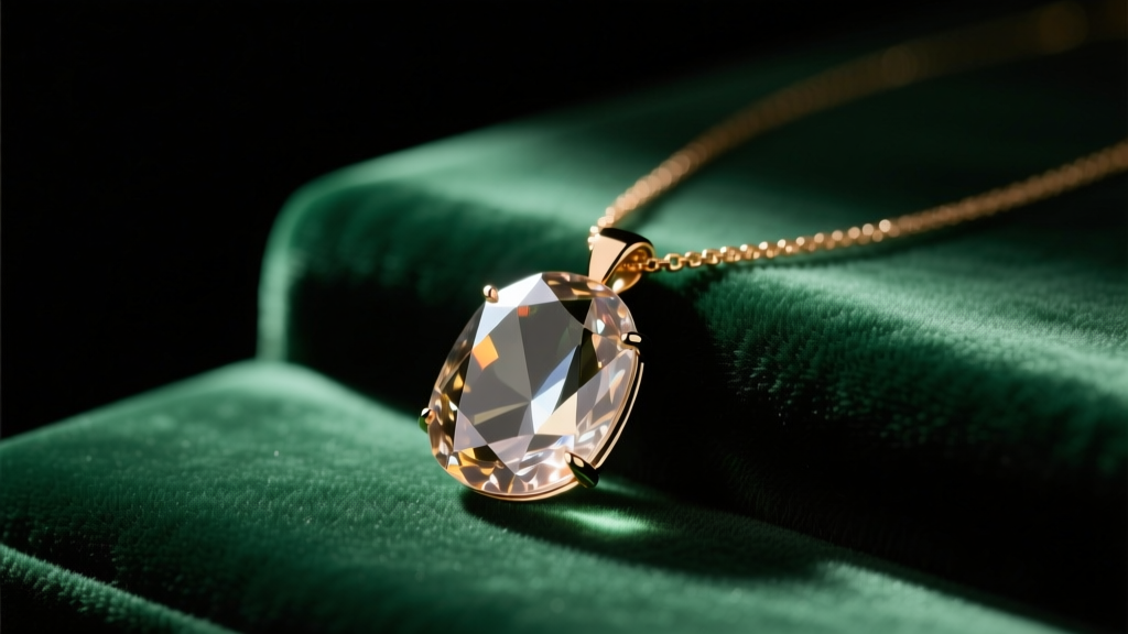 Faceted smoky quartz pendant necklace on dark emerald velvet, illuminated by moody, directional warm studio lighting.