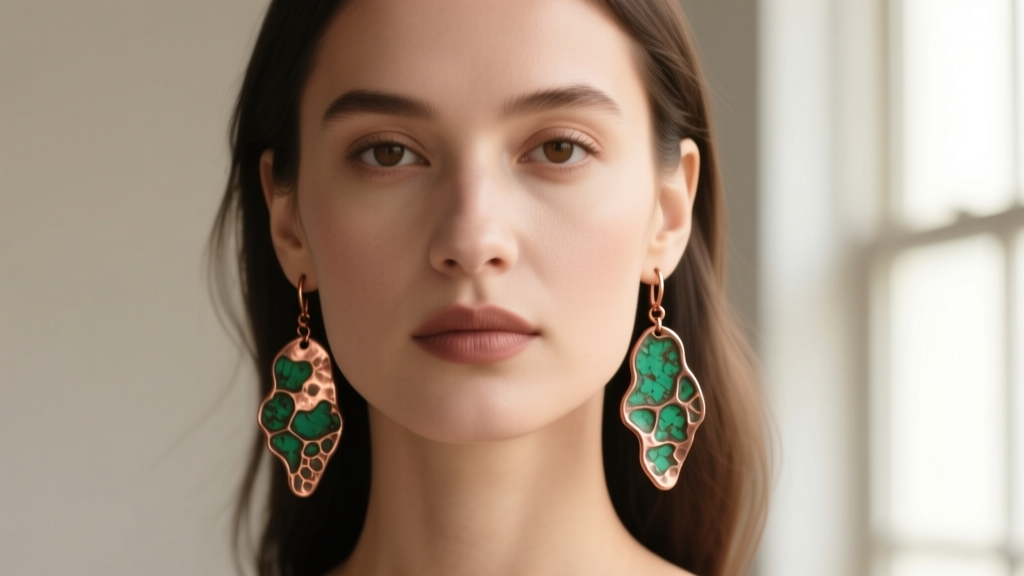 Profile of a woman wearing textured copper drop earrings with green verdigris patina against a soft neutral studio backdrop